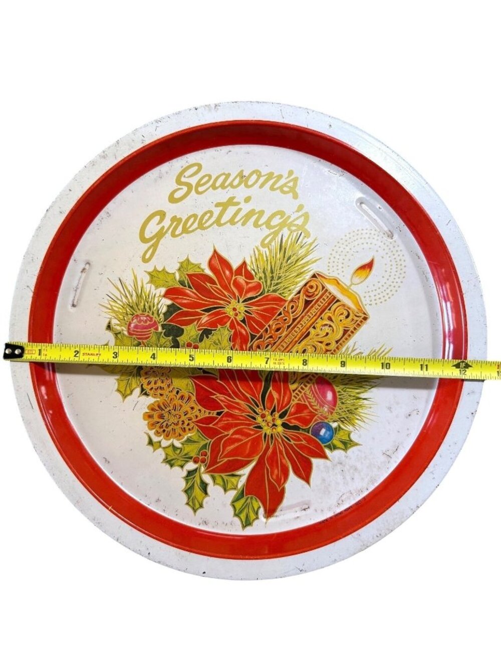 Vintage 1980s Christmas Tray Metal Red White Poinsettia Candle Seasons Greetings